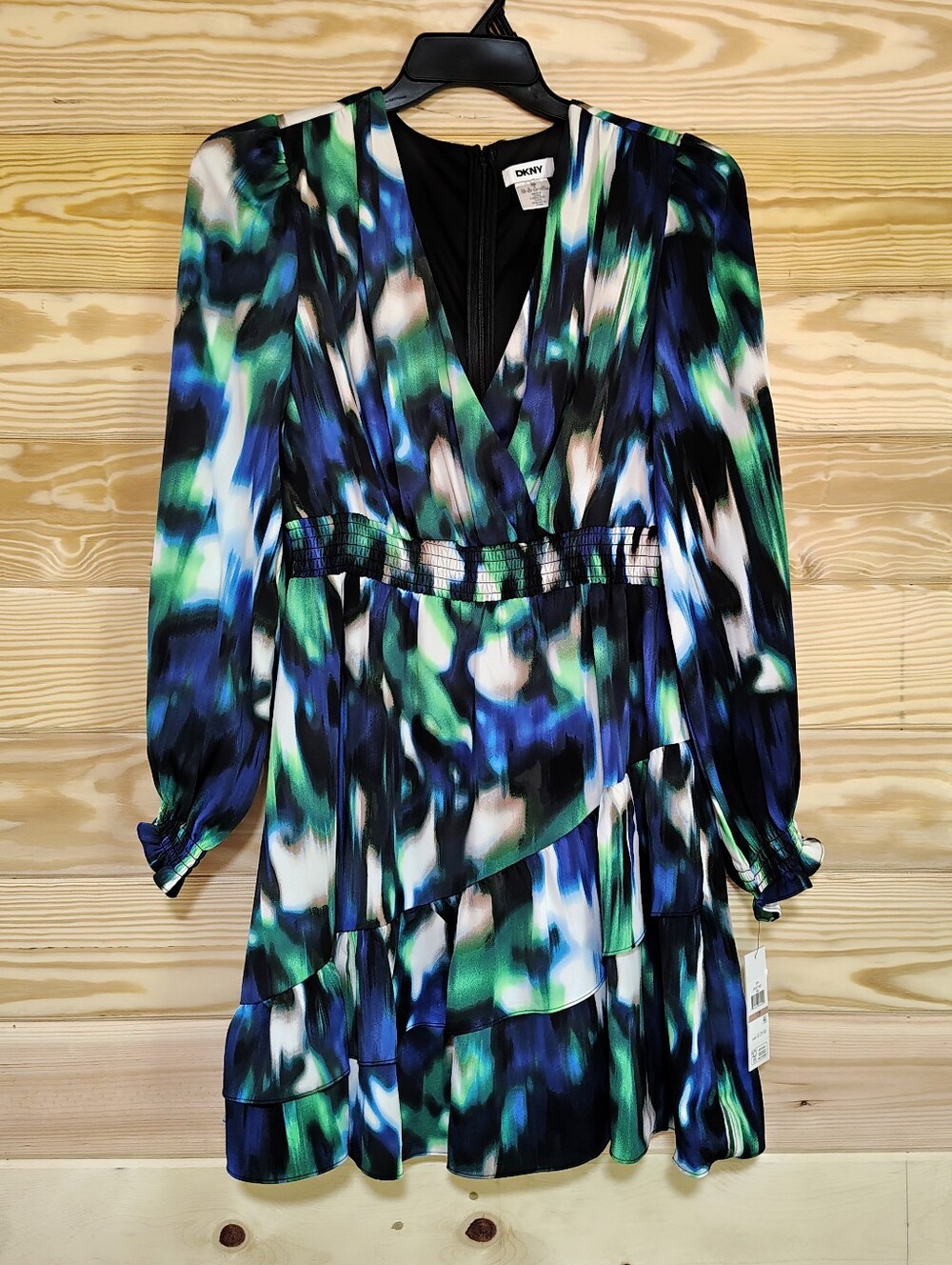 DKNY New Tiered Dress 12P Balloon Sleeve Watercolor Fit & Flare V-neck Feminine